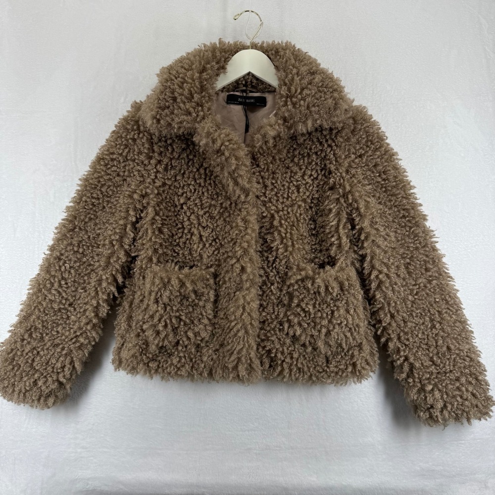 ZARA BASIC Teddy‎ Fleece Jacket Brown Collar Buttons Pockets Women Size S